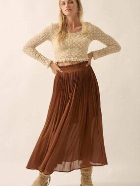 A NEW DAY | M | Accordion Pleated Midi Copper Rust Caramel Sheer Flowy Skirt